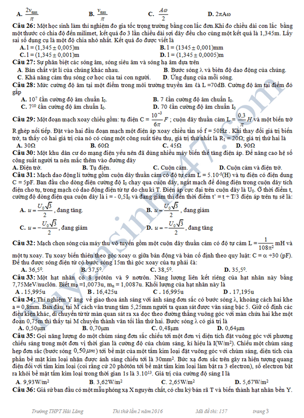 De thi thu THPT Quoc gia mon Vat Ly 2016 - THPT Hai Lang lan 2