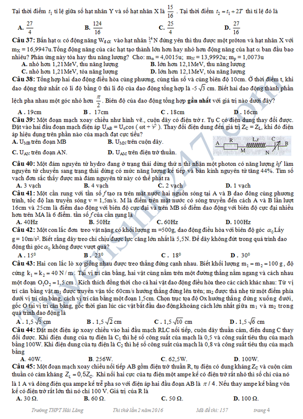 De thi thu THPT Quoc gia mon Vat Ly 2016 - THPT Hai Lang lan 2