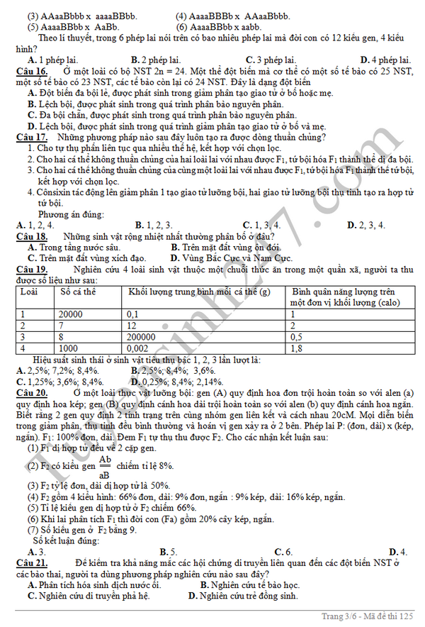 De thi thu THPT Quoc gia mon Sinh lan 2 - THPT chuyen Ben Tre 2016