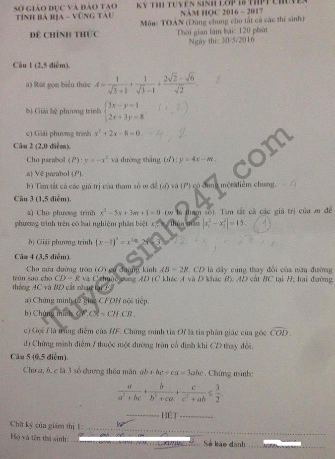 Dap an de thi vao lop 10 mon Toan THPT chuyen Le Quy Don 2016
