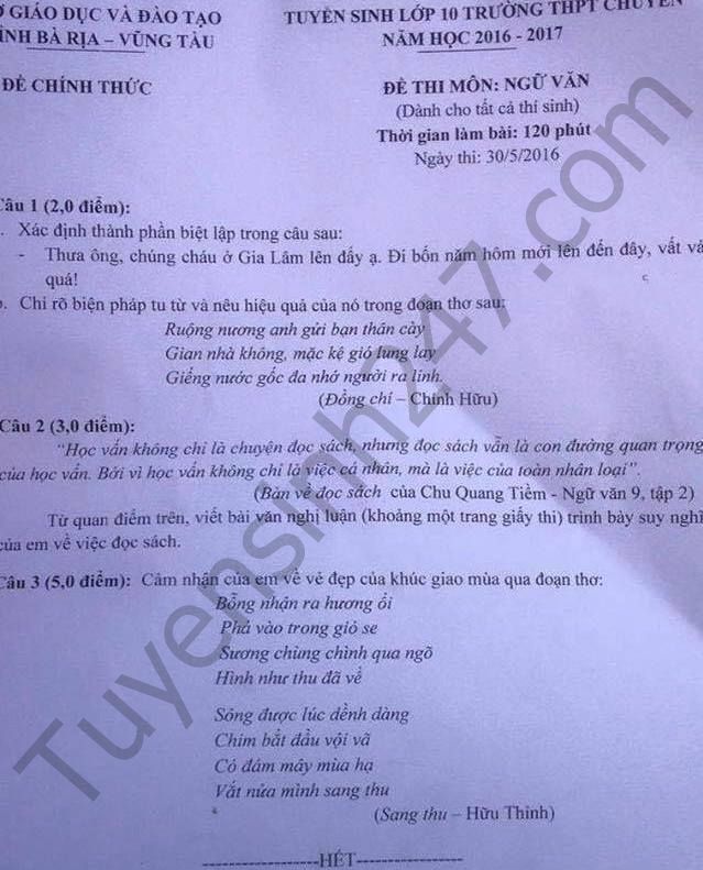 De thi vao lop 10 mon Van THPT chuyen Le Quy Don 2016