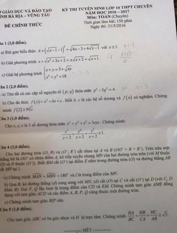 Dap an de thi vao lop 10 mon Toan chuyen - THPT chuyen Le Quy Don 2016
