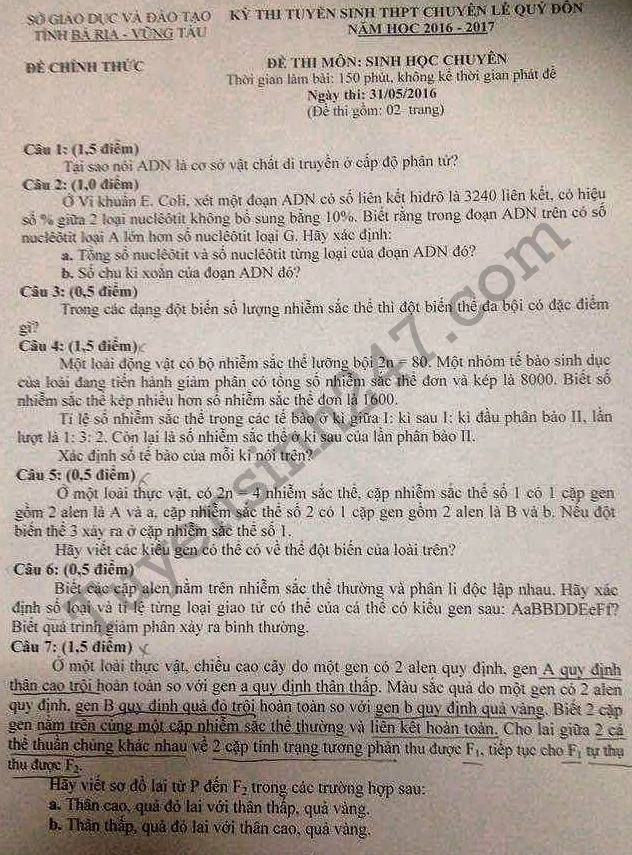 De thi vao lop 10 mon Sinh chuyen - THPT chuyen Le Quy Don 2016