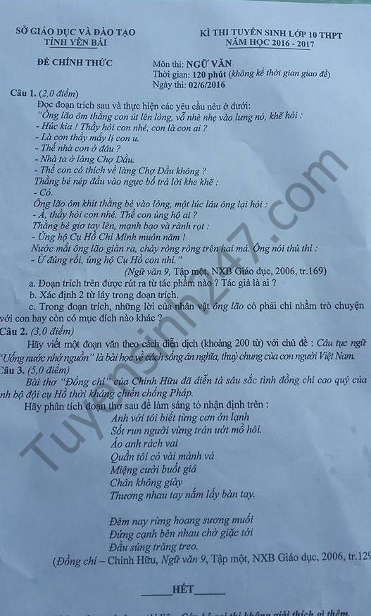 De thi mon Ngu van vao lop 10 THPT tinh Yen Bai nam 2016