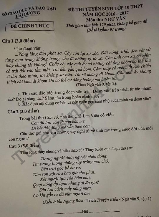 Dap an de thi vao lop 10 mon Van tinh Hai Duong nam 2016