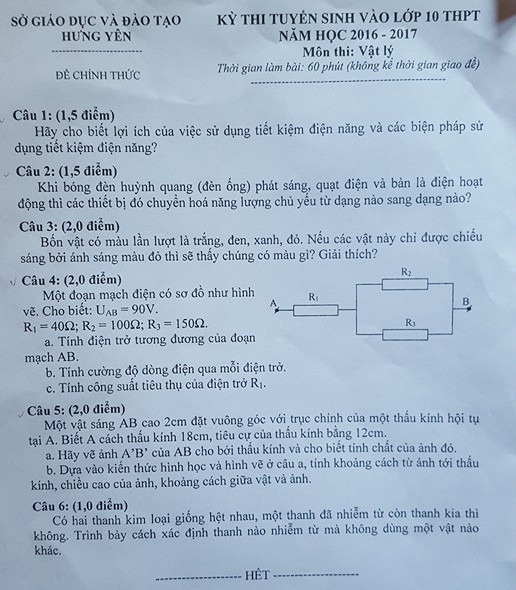 De thi vao lop 10 mon Ly tinh Hung Yen nam 2016