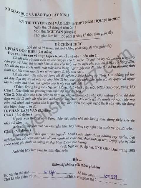 De thi vao lop 10 chuyen mon Ngu Van tinh Tay Ninh nam 2016