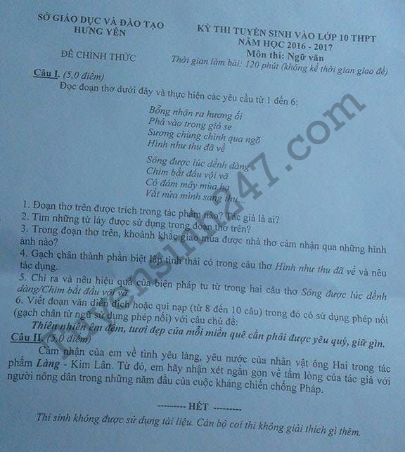 De thi vao lop 10 mon Van 2016 tinh Hung Yen