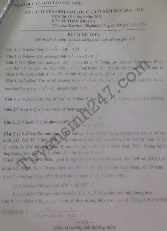 De thi vao lop 10 mon Toan chuyen tinh Tay Ninh 2016