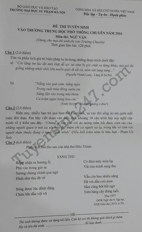 Dap an de thi vao lop 10 mon Van THPT chuyen Su pham Ha Noi 2016
