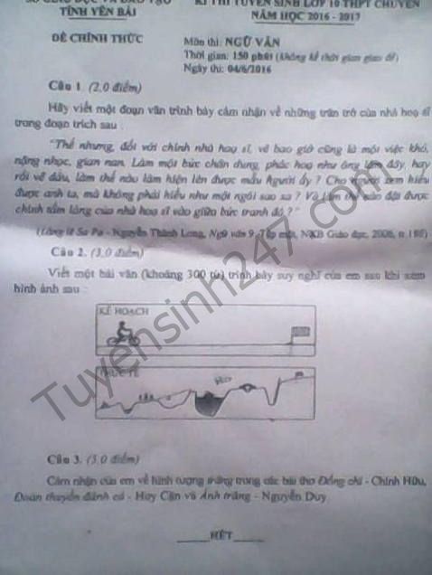 De thi vao lop 10 mon Ngu Van THPT chuyen tinh Yen Bai nam 2016