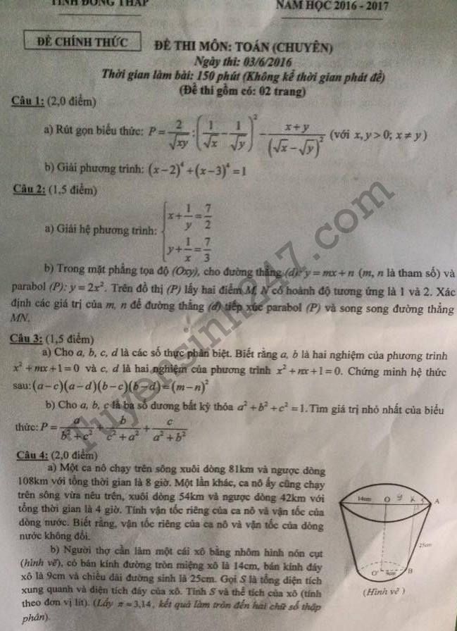 De thi vao lop 10 mon Toan chuyen tinh Dong Thap 2016