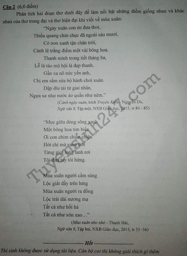 De thi vao lop 10 mon Van chuyen THPT chuyen Su pham HN 2016