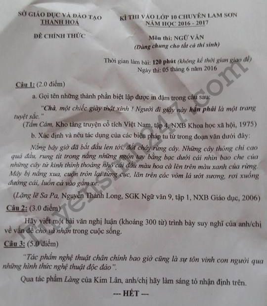 De thi vao lop 10 mon Van - THPT Chuyen Lam Son 2016