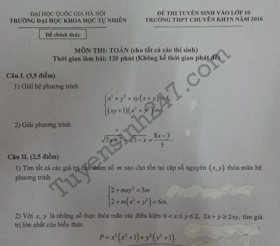 De thi vao lop 10 mon Toan vong 1 - THPT chuyen KHTN 2016