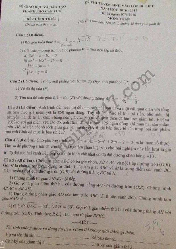 Dap an de thi vao lop 10 mon Toan TP Can Tho nam 2016