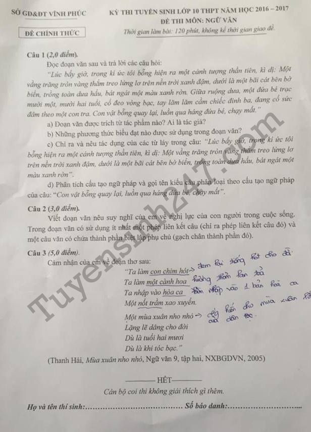 De thi mon Van vao lop 10 tinh Vinh Phuc nam 2016