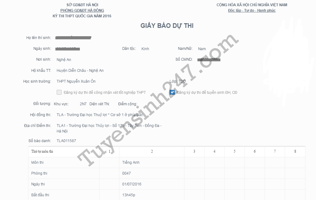 Da co giay bao du thi THPT Quoc gia nam 2016
