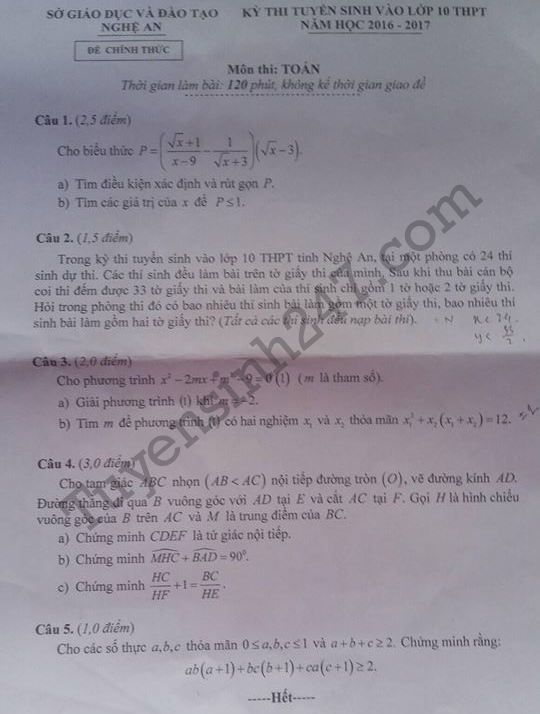 Dap an de thi vao lop 10 mon Toan 2016 tinh Nghe An