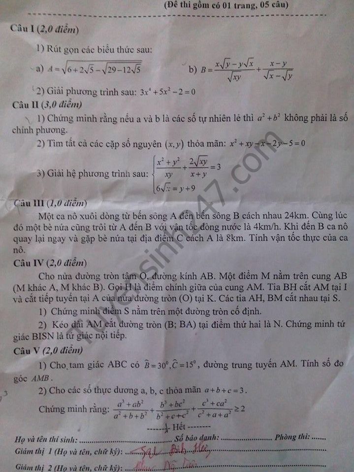 De thi vao lop 10 mon Toan THPT tinh Hoa Binh 2016