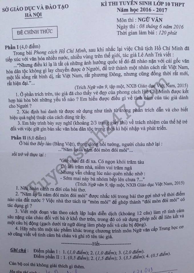 Dap an de thi vao lop 10 mon Van Ha Noi nam 2016