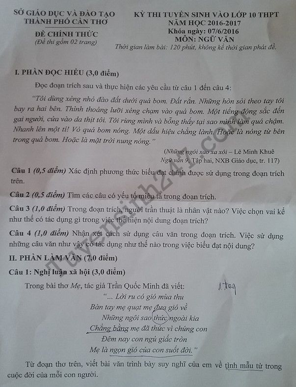 Dap an de thi vao lop 10 mon Van nam 2016 TP Can Tho