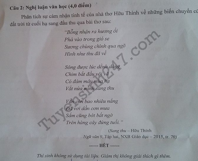 Dap an de thi vao lop 10 mon Van nam 2016 TP Can Tho