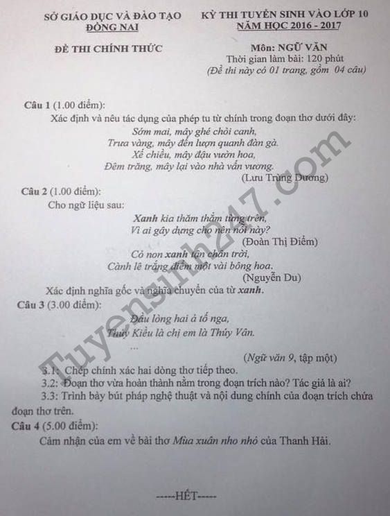 De thi vao lop 10 mon Van tinh Dong Nai 2016