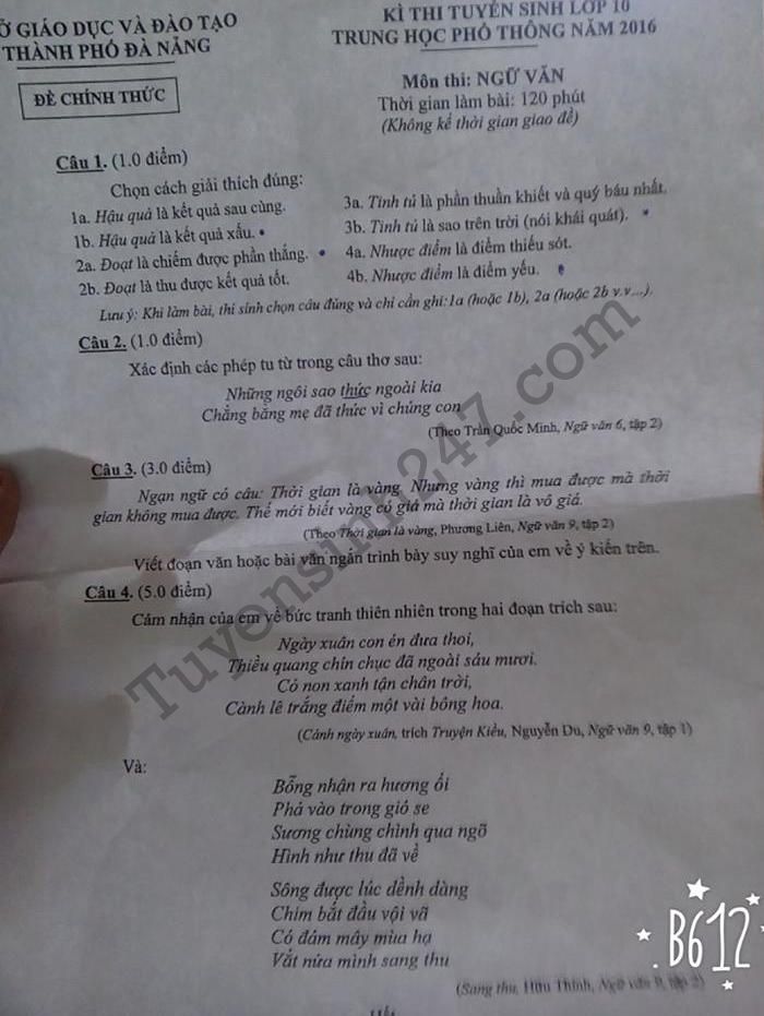 Dap an de thi vao lop 10 mon Van 2016 TP Da Nang