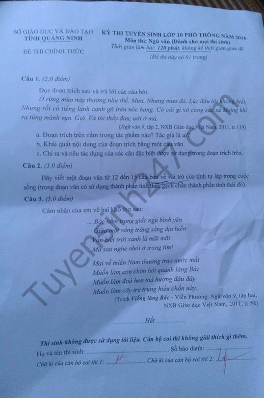De thi vao lop 10 mon Van tinh Quang Ninh nam 2016