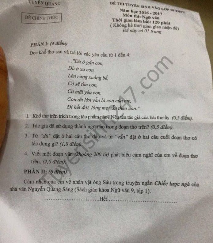 De thi mon Ngu Van vao lop 10 THPT tinh Tuyen Quang nam 2016