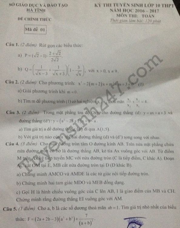 De thi vao lop 10 mon Toan 2016 tinh Ha Tinh
