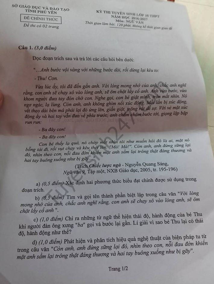 De thi mon Van vao lop 10 truong THPT tinh Phu Yen nam 2016