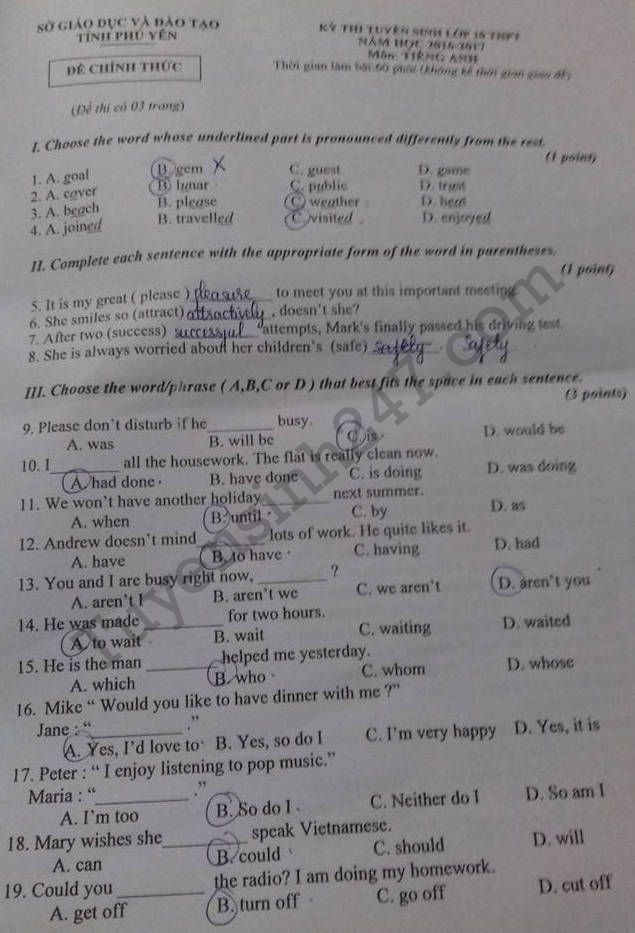 De thi vao lop 10 mon tieng Anh tinh Phu Yen 2016
