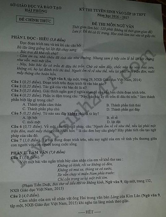Dap an de thi vao lop 10 mon Van Hai Phong 2016