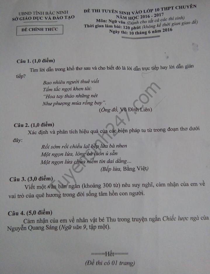 De thi mon Ngu van vao lop 10 chuyen THPT tinh Bac Ninh 2016