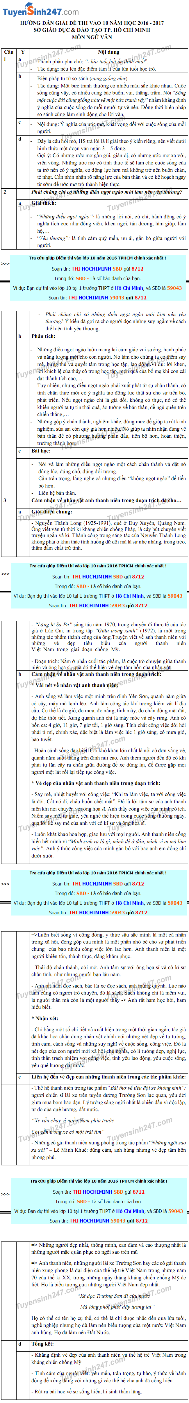 Dap an de thi vao lop 10 mon Van TPHCM nam 2016
