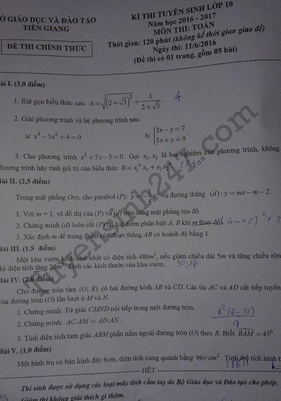 De thi vao lop 10 mon Toan tinh Tien Giang 2016