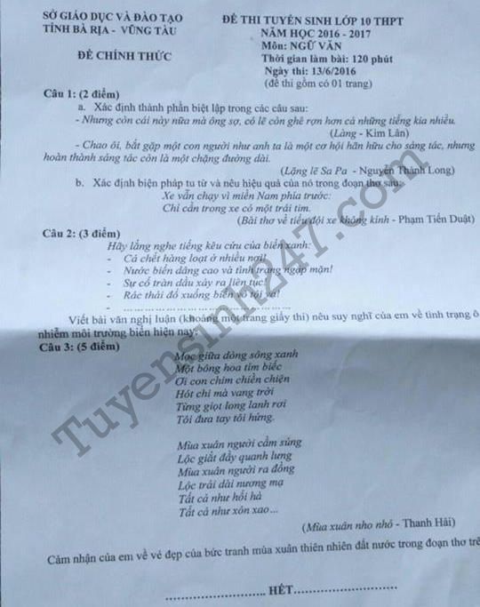De thi vao lop 10 mon Van tinh Ba Ria Vung Tau 2016