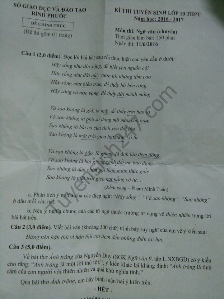 De thi vao lop 10 mon van THPT chuyen tinh Binh Phuoc nam hoc 2016