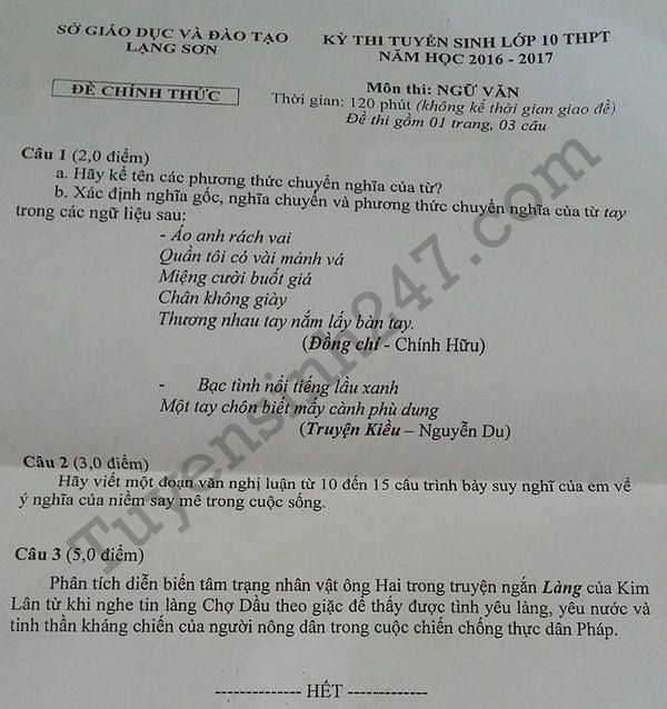 De thi tuyen sinh lop 10 mon Van tinh Lang Son 2016