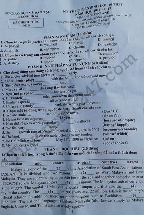 Dap an de thi vao lop 10 mon Anh Thanh Hoa nam 2016