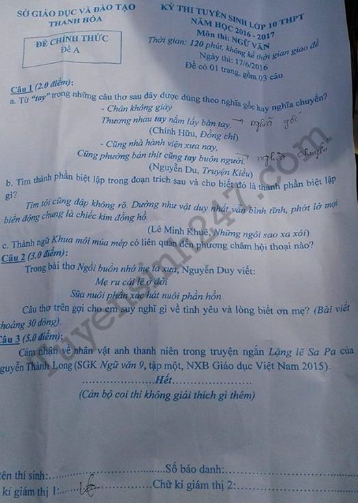 Dap an de thi vao lop 10 mon Van tinh Thanh Hoa 2016