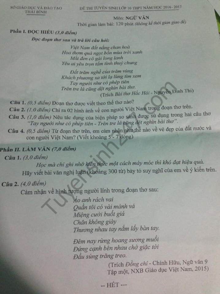 De thi vao lop 10 mon Van  THPT tinh Thai Binh nam 2016
