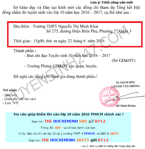 May gio TPHCM se cong bo diem thi vao lop 10 2016?
