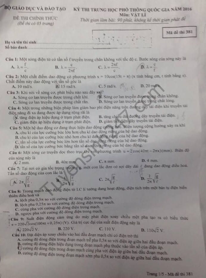 Huong dan giai de thi THPT Quoc gia mon Ly 2016 ma de 381