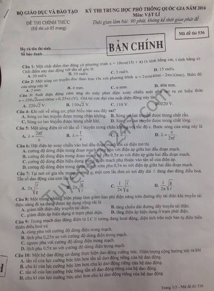 Huong dan giai de thi THPT Quoc gia mon Ly 2016 ma de 536