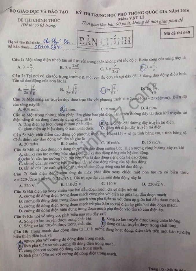 Huong dan giai de thi THPT Quoc gia mon Ly 2016 ma de 648