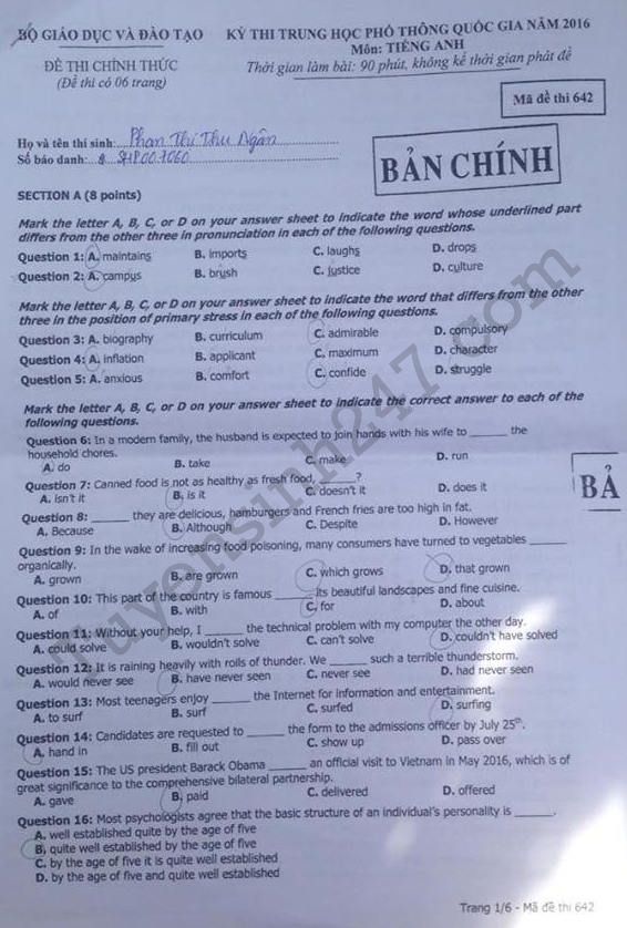 Huong dan giai de thi THPT Quoc gia mon Anh 2016 ma de 642
