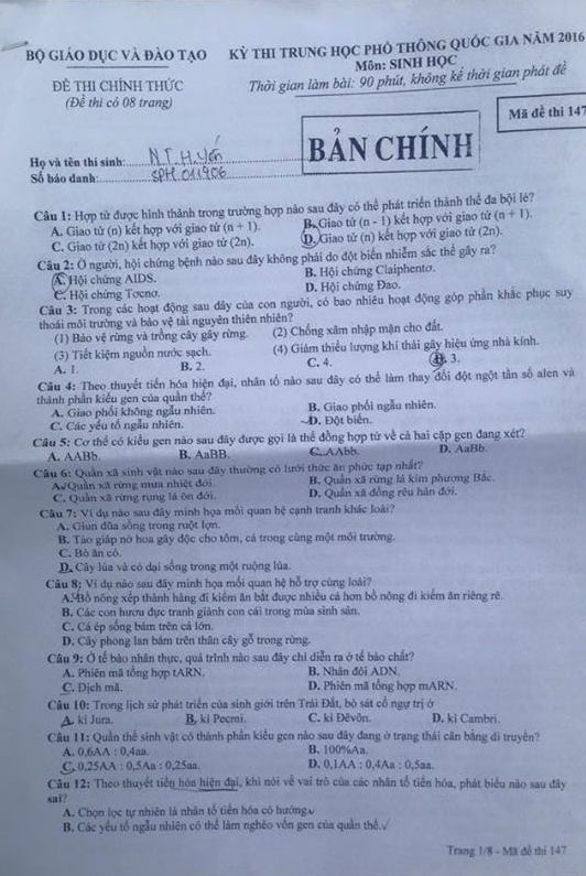 Huong dan giai de thi THPT Quoc gia mon Sinh ma de 147 nam 2016